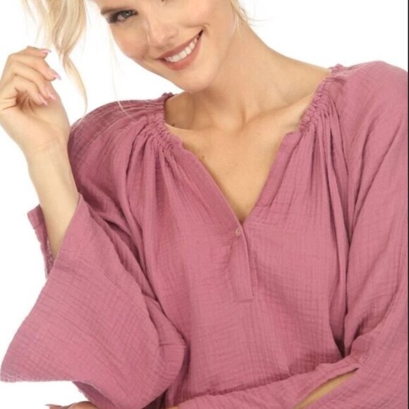 Calme by Johnny Was Liya Split Neck Mauve 100% Organic Cotton Top Size XS NWT - Picture 4 of 9
